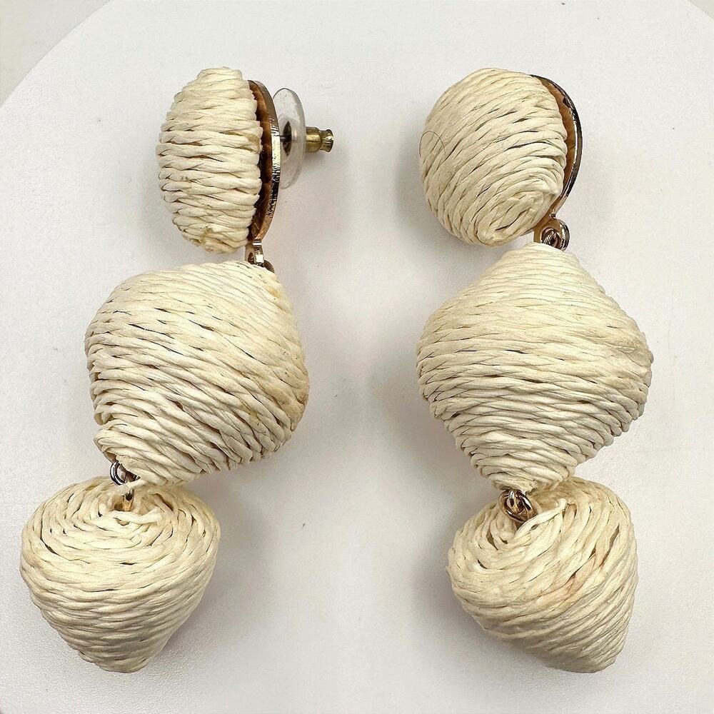 Vintage 90s Sugarfix Cream Raffia Lantern Drop Earrings Boho Geometric Dangle
